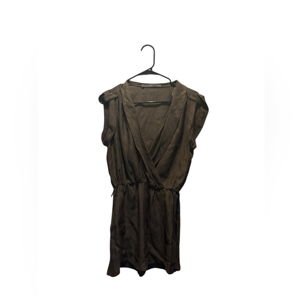 Zara Basic Womens Wrap Dress Size S 4 Olive Green V‎ Neck Belt Loops Mini Dress